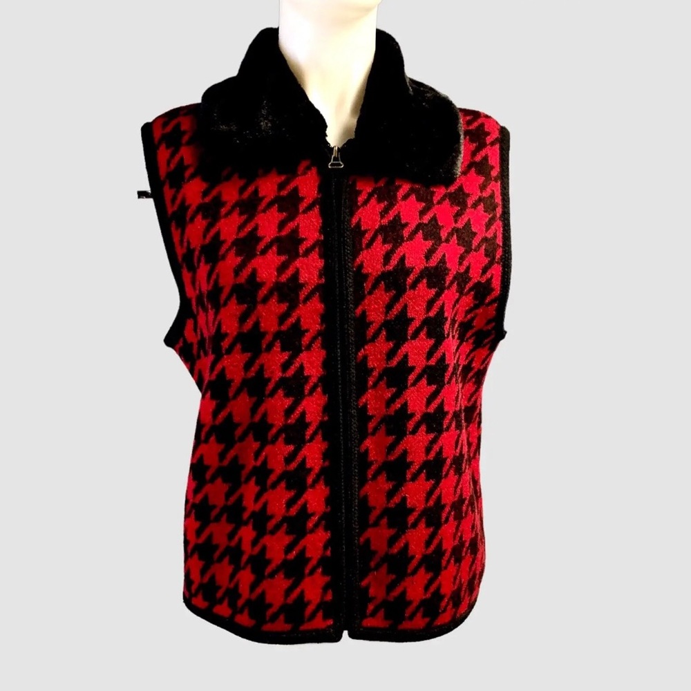 Vintage Tally Ho Wool Houndstooth Sweater Vest w Detachable Faux Fur Collar
